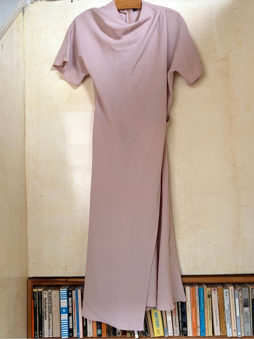 Unforgettable nude pink draped midi dress formal